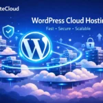 WordPress cloud hosting illustration showing cloud servers, WordPress logo, and high-speed data lines powered by LiteCloud.io.