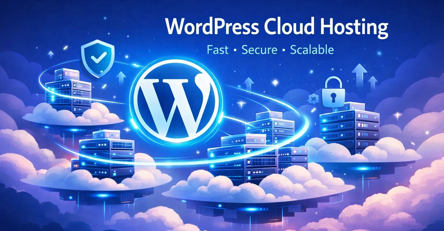 WordPress cloud hosting illustration showing cloud servers, WordPress logo, and high-speed data lines powered by LiteCloud.io.